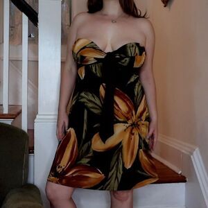 Brown Strapless Tropical Dress M Silky Padding Green Amber Tuscan Mom Vaca Y2K